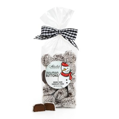 Snowman Buttons Double Dark Chocolate Fudge in Clear bag with white and black plaid bow