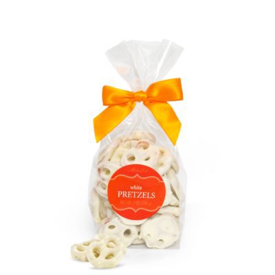 White chocolate Pretzels in clear bag with orange bow