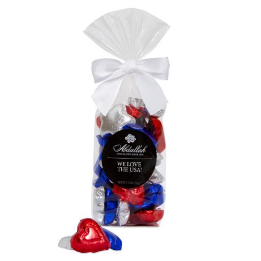 We Love USA Red White and Blue Heart Shaped Foiled Milk Chocolates